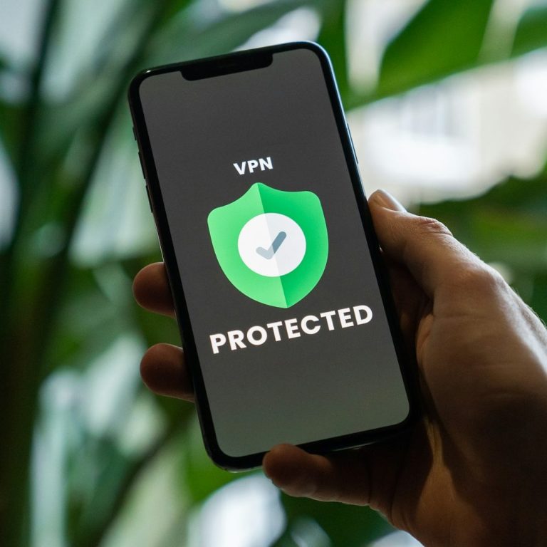 IT Security Hand holding a smartphone displaying a VPN protection icon.