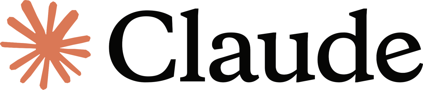 Logo for Anthropic Claude Text logo for "Claude" with an orange starburst symbol.