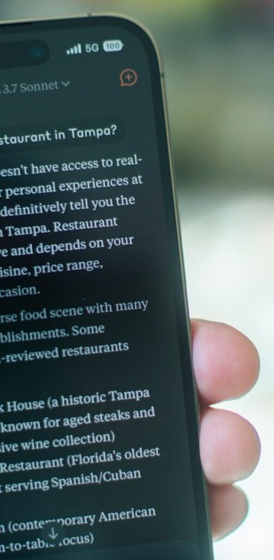 Claude on an iPhone A hand holding a smartphone displaying a webpage about internet options in Tampa.